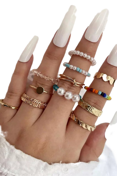 Multicolor 12Pcs Beads Pearl Twist Knuckle Ring Set