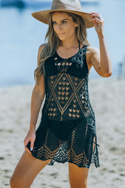 Sexy Crochet Cut Out Split Side Beach Cover Up