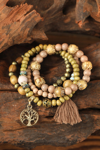 Tree Of Life Charm Tassel Layers Wood Beads Bracelet