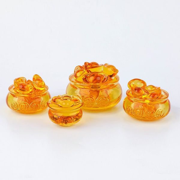 Feng Shui Golden Treasure Bowl with Golden Ingots, Wealth, Abundance, Prosperity, Luck, Glass Yellow Wealth Treasure Bowl