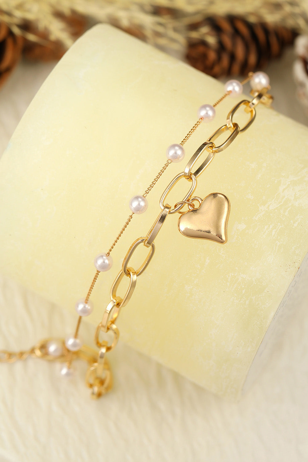 Love Heart Charm Pearl Double Layer Bracelet