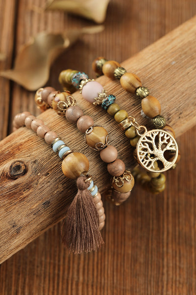 Tree Of Life Charm Tassel Layers Wood Beads Bracelet