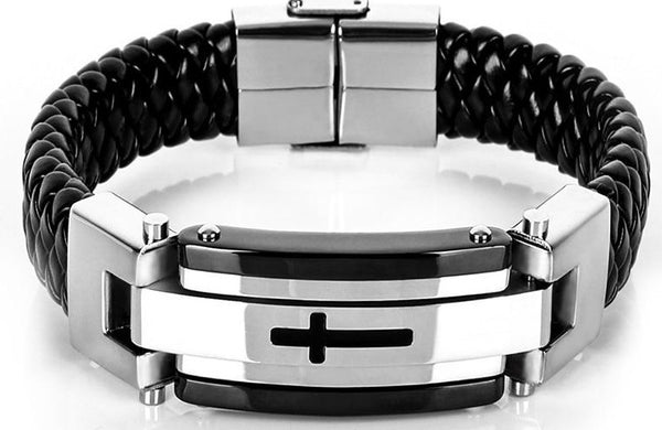Leather Braided Stainless Steel Men Bracelet, Cross Wrist Band